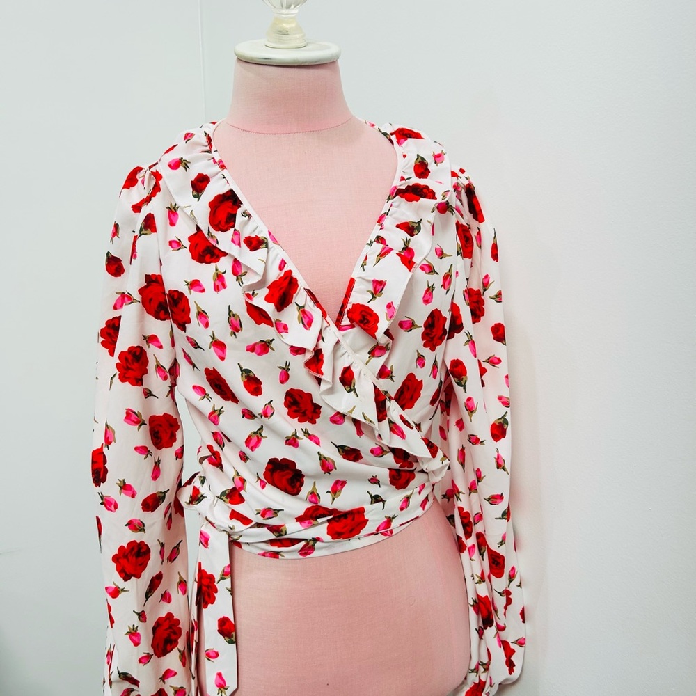 SHEIN Red Floral Wrap Blouse